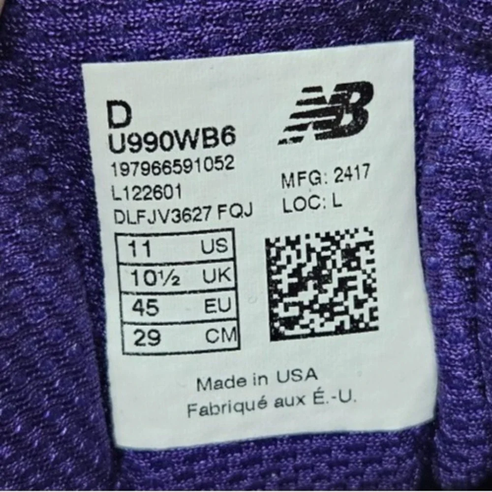 New Balance 990 V6 Sneakers Made In USA U990WB6 White Black‎ Purple Men Size 11